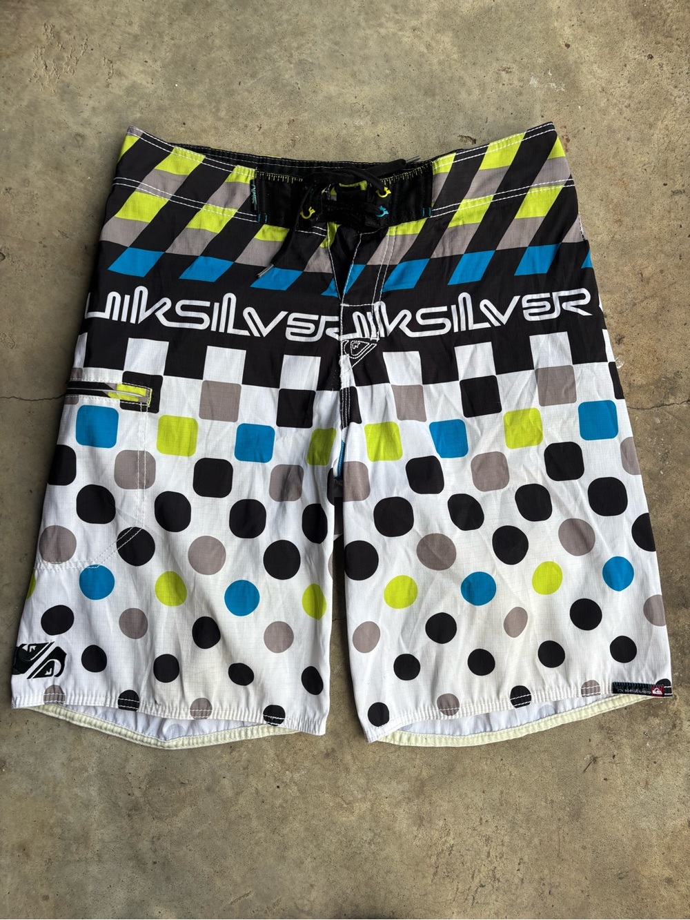 Quiksilver Men’s White Boardshorts with Blue, Lime and Gray Polka Dots